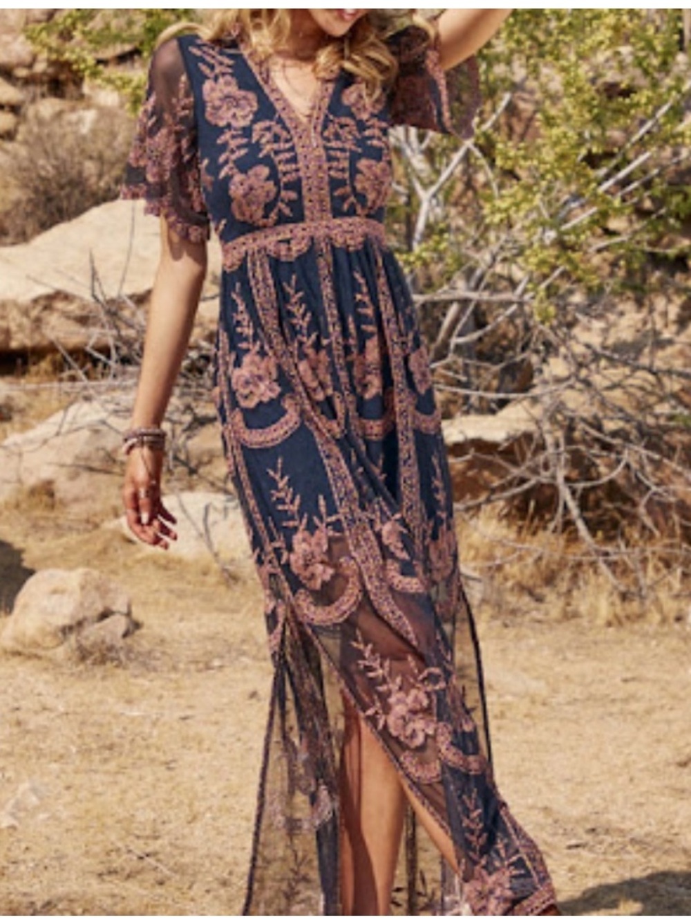 Altard State Embroidered Navy Maxi Dress with Pink Floral Accents